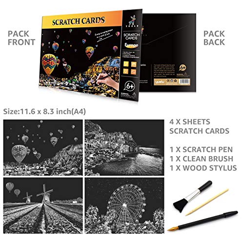 4-Sheet Rainbow Scratch Art with Tools for Adults & Teens, A4 Scenic Design - color: Europe