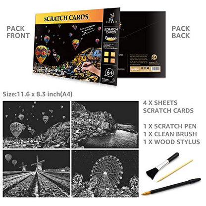 4-Sheet Rainbow Scratch Art with Tools for Adults & Teens, A4 Scenic Design - color: Europe