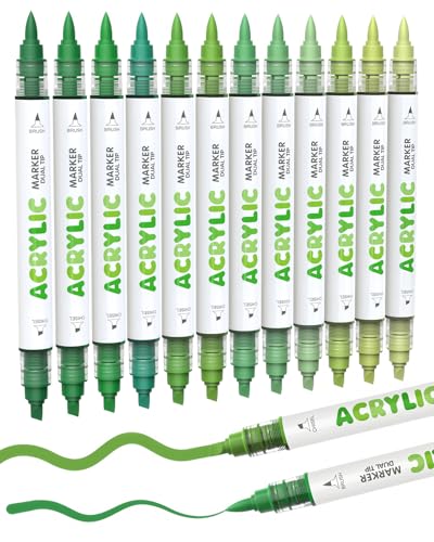 Guangna 12 Green Dual Tip Acrylic Paint Markers, Brush Tip & Chisel Tip Acrylic Paint Pens for Pumpkin Paint, Rock, Wood, Glass, Paper, Coloring Book, Ceramic, Canvas, Water-Based Ink - color: Green