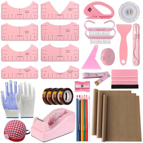 XEUZK Sublimation Shirts Tool Pink Kit With 8T Shirt rulers, 3Pack Teflon Sheet for Heat Press 12 x 16in, Heat Resistant Gloves & Silicone Bumps, 4Rolls Heat Resistant Tape& Tape Dispenser Sublimation - color: Pink
