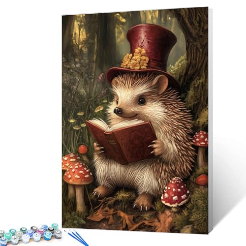 Aihonmin Hedgehog DIY Paint by Numbers for Adults Animals Reading Book Paint by Number Kit on Canvas with Brushes and Pigment for Beginners Home Wall Decor Gifts 16"x20" (Frameless) - color: Hat Animal-07, size: 16''x20''(Frameless)