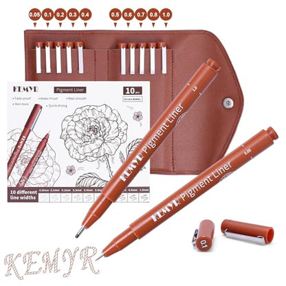 KEMYR 10 Sizes Sepia Fineliner Micro Drawing Pens, Waterproof Pigment Ink | Archival Ink,AP Certified,With Case,0.05-1.0mm, for Illustration,Journaling,Sketching,Manga,Drawing,Artists And Beginners - color: Sepia Micro Pens 10 SIZES,0.05-1.0mm, style: 10