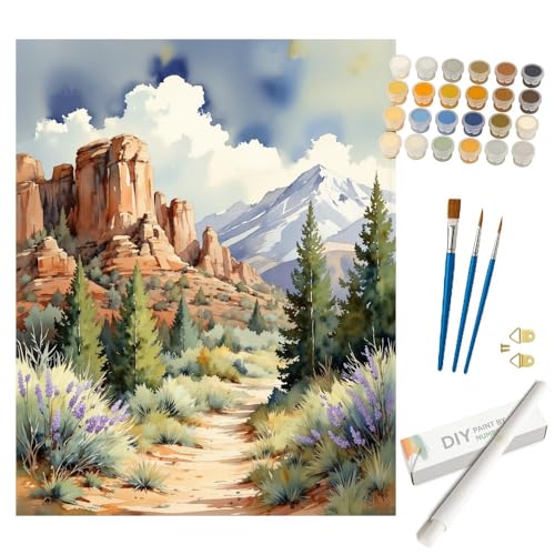 Mountain Landscape Paint by Numbers Kit for Adults - DIY Red Rock Canyon and Pine Forest Painting Rolled on Canvas 16x20 Inches, Acrylic Paint Set for Beginners, Art for Home Decoration or Gifts - color: HSX01141, size: 16X20IN Rolled