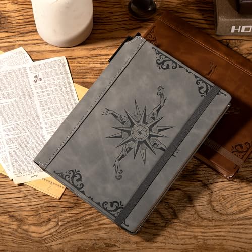 CAGIE Compass Leather Journal for Men, A5 Lined Notebook Writing Gift | 288 Pages 100 GSM Acid-free Paper, Bleed-free, Pen holder, Lay Flat, For Daily Writing, Office, Gifting - color: Gray