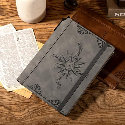 CAGIE Compass Leather Journal for Men, A5 Lined Notebook Writing Gift | 288 Pages 100 GSM Acid-free Paper, Bleed-free, Pen holder, Lay Flat, For Daily Writing, Office, Gifting - color: Gray