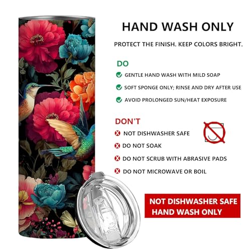 Firmiso 20 oz Tumbler | Skinny Insulated Travel Mug with Leak-proof Lid and Telescopic Straw | Hummingbird & Peony Stainless Steel Coffee Cup for Hot & Cold Drinks | Hummingbird Gifts for Women - color: Hummingbird
