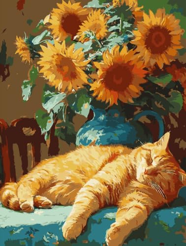ZRIZQ Paint by Numbers Kit for Adults Beginner,Cat Sleeping Sunflower,12x16 | Full set with wooden brushes,rolled canvas,rich paints.Calming activity.Beginner friendly.Just open and paint. - color: 12"X16"Rolled Canvas(Frameless)-Sunflowers Cat