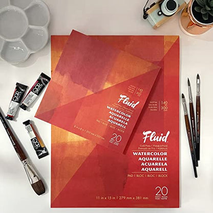 Fluid Artist Watercolor Pad, 140 lb (300 GSM) Cold Press Paper Pad for Watercolor Painting and Wet Media, Fold Over, 8 x 8 inches, 20 White Sheets