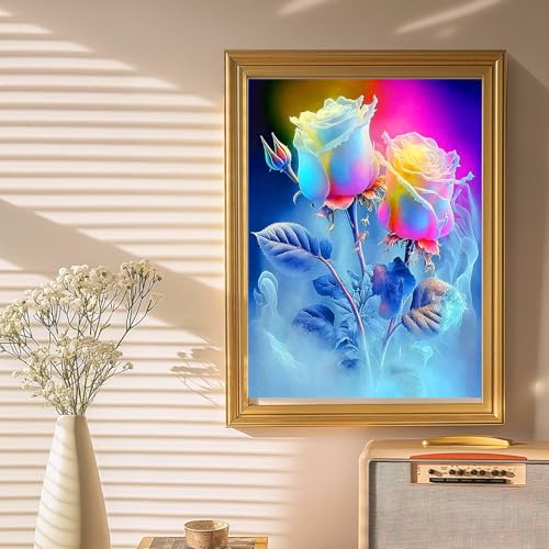 12"x16" Large Diamond Art Kit for Adults: Elegant Rose Flower Round Drill Painting - 5D Full Drill Diamond Art Flowers Beginner DIY Craft with Extra 30% Diamonds (Red and Blue Roses) - color: Dreamy Blue Rose