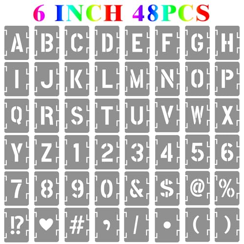 6 Inch Letter and Number Stencils Symbol Numbers Craft Stencils, 48 Pcs Reusable Alphabet Templates Interlocking Stencil Kit for Painting on Wood, Wall, Fabric, Rock, Sign, DIY Art Projects - style: 6 inch