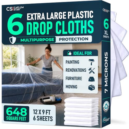 6 Pack 12x9 ft Extra Large Plastic Drop Cloth for Painting | Light grade, 0.4 mil