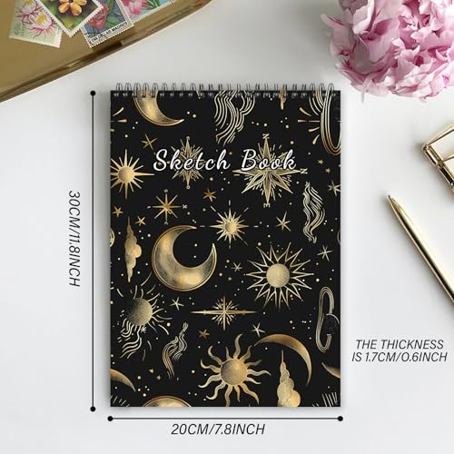 Deokke Sketchbook Top Spiral Bound Sketch Pad, 9 x 12 inch,100GSM Thick Paper,50 Sheets 100 Pages,Art Sketch Book Aesthetic Cute Drawing Writing Paper for Girls Women-Sun Moon - color: A-17-Sun Moon