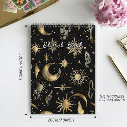Deokke Sketchbook Top Spiral Bound Sketch Pad, 9 x 12 inch,100GSM Thick Paper,50 Sheets 100 Pages,Art Sketch Book Aesthetic Cute Drawing Writing Paper for Girls Women-Sun Moon - color: A-17-Sun Moon