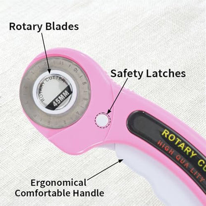 Rotary Cutter with 8Pcs Extra Blades, Ergonomic Rolling Cutter | 45mm Cutter with Safety Lock, Suitable for Leather, Crafting, Sewing, and Quilting Fabric (Pink)