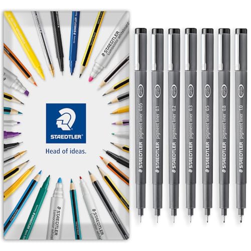 STAEDTLER 308 Pigment Liner Fineliner Pen - Ideal for Writing, Sketching, Technical Drawing, Marking Out - Black Ink - In Envelope Gift Packaging - Fine to Bold Nib Sizes - Pack of 7