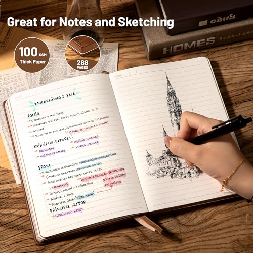CAGIE Compass Leather Journal for Men Women, A5 Lined Notebook Writing Gift | 288 Pages 100 GSM Acid-free Paper, Bleed-free, Pen holder, Lay Flat, For Daily Writing, Office, Gifting - color: Brown