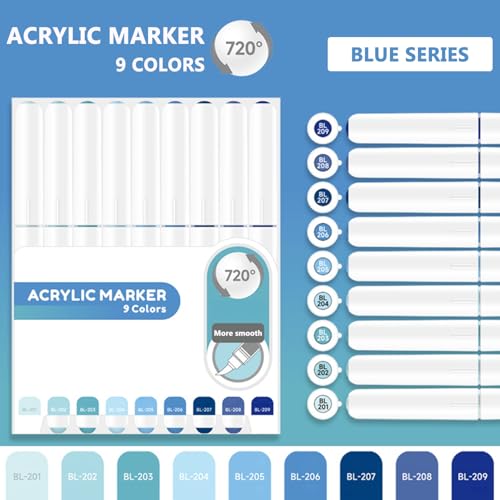 Water Based Acrylic Paint Markers Blue, 9 Colors Paint Pen Set | Sea Salt Blue Series, Soft Brush Tip, Smooth Writing, Marker Pen for Rock Painting, Egg, Wood, Glass, Mugs, Black Paper - color: Blue Series