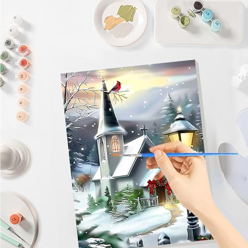 SENQAO Christmas Paint by Numbers for Adults Framed, Winter Church Adults' Paint-by-Number Kits, Adult Paint by Number Kits on Canvas, Acrylic Number Painting for Home Decor, 8x12inch - color: Church