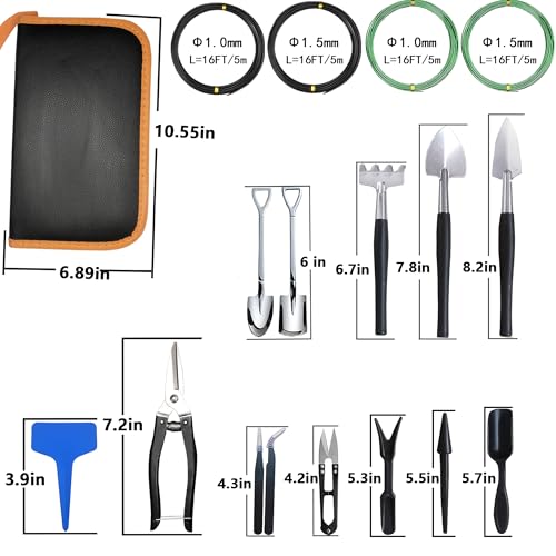 Bonsai Tools Set, 38Pcs Gardening Trimming Tools Kit Indoor Succulent Tool with 4 Tree Training Wire, Plant Repotting Mat, Bonsai Scissors in Leather Bag