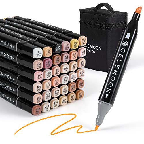CeleMoon 36 Skin Tone Alcohol Markers - Dual Tip (Fine & Broad Chisel) Permanent Art Pens for Portrait Illustration, Mid-Tone Skin & Hair Shades - Flesh Color for Coloring, Drawing & Sketching