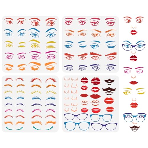 FINGERINSPIRE 4PCS Combination Facial Features Painting Stencil 11.8x11.8 inch Reusable Eyes Nose Eyebrows Lips Moustache Drawing Template Eyeglass Stencil for Painting on Wood Wall Fabric Furniture - color: Combination Facial Features