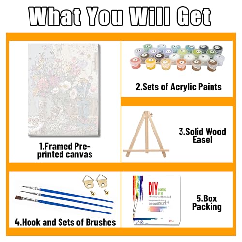 Ausanrl Flowers Framed Paint by Numbers Wooden Easel-Adult Paint by Number Kits on Canvas Framed,Paint by Number Adult,Paint by Numbers with Frame,Gifts and Home Wall Decor 12x16inch - color: Flowers B