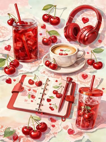 WUSARPLY Cherry Diamond Painting Kits for Beginner Adults | Pink Cherry Drink Diamond Art Kits Full Drill Diamond Dots Paint with Diamonds Gem Arts and Crafts Home Wall Decor - color: YH024