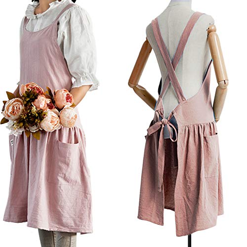 Japanese Cotton Cross Back Pinafore Apron for Women with Pockets Pink | NEWGEM, Criss-Cross, Waist Ties, Cotton Linen, Apron Dress, Farm Work Apron for Kitchen Cooking, Baking, Gardening, Painting - color: 10 - Pink With Waist Ties