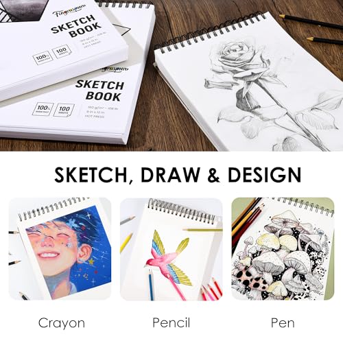 Fingraspuro 9x12 Top Spiral Sketchbook, 160 GSM, 100 Sheets, Hardcover | 108 lb acid-free hot press paper, micro-perforated sheets, for pencil, charcoal, gouache, wet and dry media