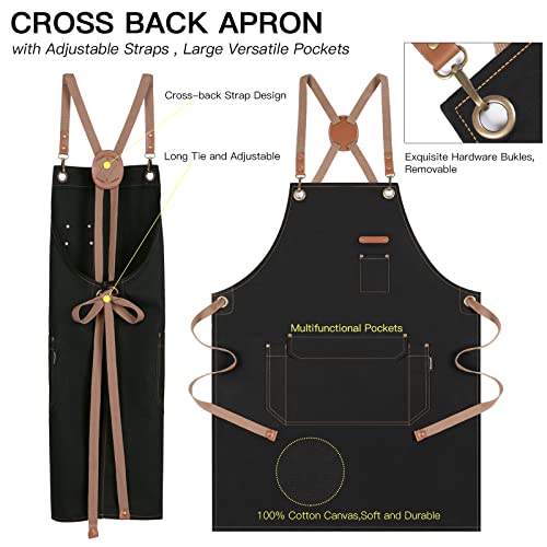 Genixart Chef Apron Men Women, Kitchen Aprons Cooking, BBQ - Black | Box Packed, Cotton Canvas, Cafe, Bar, Workshop, Restaurant, Water & Oil Stain Resistant, Cross Back Adjustable, Large Pockets - color: Black
