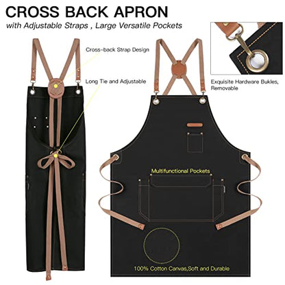 Genixart Chef Apron Men Women, Kitchen Aprons Cooking, BBQ - Black | Box Packed, Cotton Canvas, Cafe, Bar, Workshop, Restaurant, Water & Oil Stain Resistant, Cross Back Adjustable, Large Pockets - color: Black