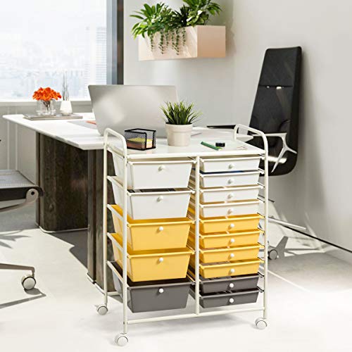 Giantex 15-Drawer Organizer Cart Office School Storage Cart Rolling Drawer Cart for Tools, Scrapbook, Paper (Yellow) - color: Beige+Yellow+Grey, size: 15 Drawer-25"x14.5"x34.5"