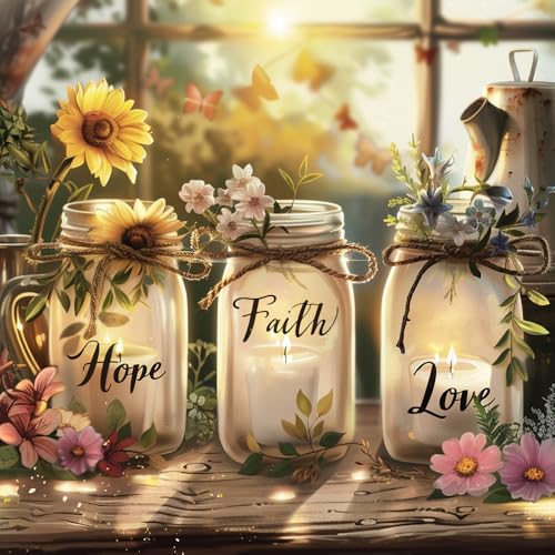 Faith Hope Love Mason Jar Diamond Painting Kits for Adults, Rustic Sunflower Flowers 5D Full Round Drill DIY Diamond Art Kits for Beginners, Gem Art and Crafts Home Wall Decor 14x14 Inch - color: FYZZ-105