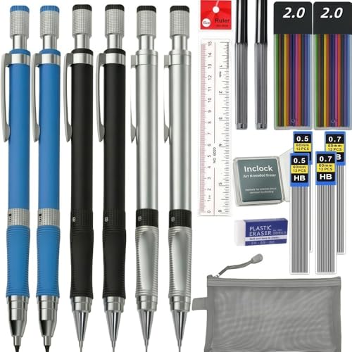 0.5mm 0.7mm 2.0mm Mechanical Pencil: 6 Pencils Set with Case Drawing Sketch