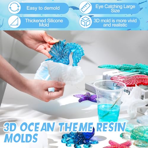 Qinyoung 4 Pcs Ocean Theme Resin Molds 3D Silicone Epoxy Resin