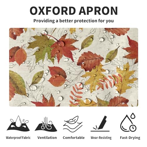 Fall Colorful Maple Leaves Apron with Pockets Autumn Watercolor Leaves Apron with Adjustable Neck Thanksgiving Day holiday Farmhouse Chef Cooking Apron for Women Men Dinner Baking BBQ - color: Fall-a