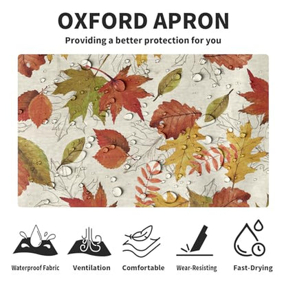 Fall Colorful Maple Leaves Apron with Pockets Autumn Watercolor Leaves Apron with Adjustable Neck Thanksgiving Day holiday Farmhouse Chef Cooking Apron for Women Men Dinner Baking BBQ - color: Fall-a