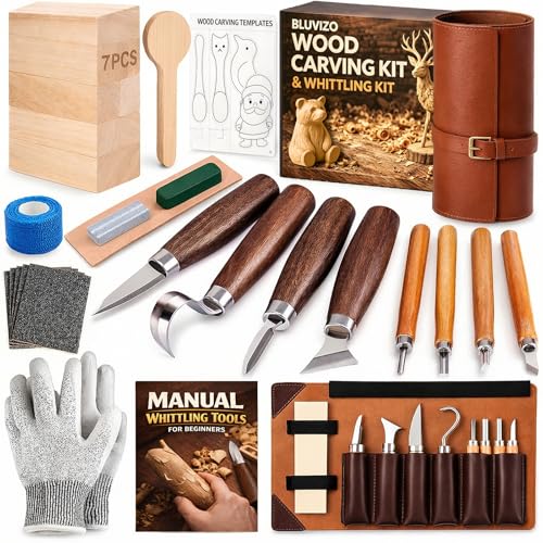Wood Carving Kit Whittling Kit: Wood Carving Knife Tools with Leather Case | Deluxe Woodworking Hobby Kit for Beginners Adult Kids, Relaxing Creative Projects, DIY Art Craft Gift for Men Teens - color: Brown