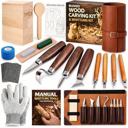 Wood Carving Kit Whittling Kit: Wood Carving Knife Tools with Leather Case | Deluxe Woodworking Hobby Kit for Beginners Adult Kids, Relaxing Creative Projects, DIY Art Craft Gift for Men Teens - color: Brown