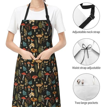 Funny Apron Polyester Grooming Aprons with Pocket for Cooking Kitchen Grilling Adults - color: Fuuny Mushroom Black