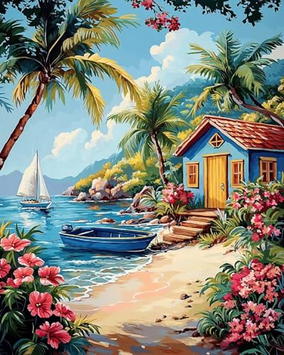 Possoco Paint by Numbers Kit for Adults Beginner, Beach Landscape Easy Adult Paint by Number Kits on Canvas, DIY Acrylic Watercolor Oil Paint by Number for Adults for Home Decor Gift 16x20 Inch - color: DG-OP-SeasideHouse-4050