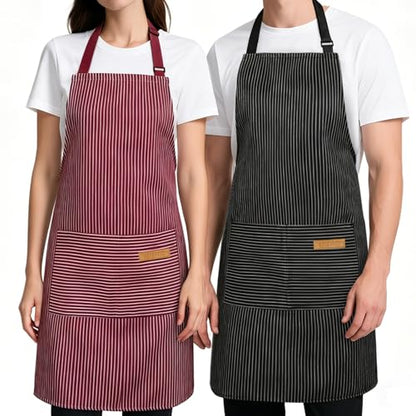 2 Pack Kitchen Cooking Aprons, Soft Aprons for Women Men with 2 Pockets Chef Apron with Adjustable Neck Strap and Long Tie - color: Red/Black