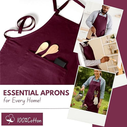 Native Fab Kitchen Apron 2 Pack - 100% Cotton Adjustable, Durable Apron with Pockets, Perfect for Cooking, Baking, Grilling - color: Burgundy Wine