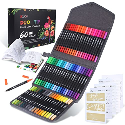 ZSCM 60 Colors Markers for Adult Coloring Books No Bleeding - Duo Tip Pens | Fine & Brush Coloring Marker for Adult Calligraphy, Illustration, Cards Drawing, Note taking Lettering, Journaling - color: 60 Colors