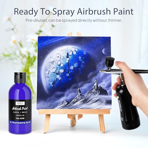 Nicpro Blue Large Airbrush Paint (8.45 oz, 250 ml) Ready to Spray Opaque Water-Based Acrylic Air Brush Paints for Model, Wood, Canvas, Metal, Plastic, Leather, for Beginners & Artists - color: Blue
