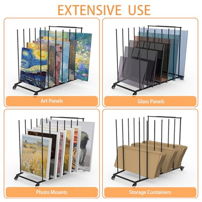 Heavy-Duty Art Storage Rack for 57" Artwork - Canvas Drying Rack & Mobile Display Stand with Locking Casters, Metal Frame - Organizer for Artists, Framers, Studios, Vendors