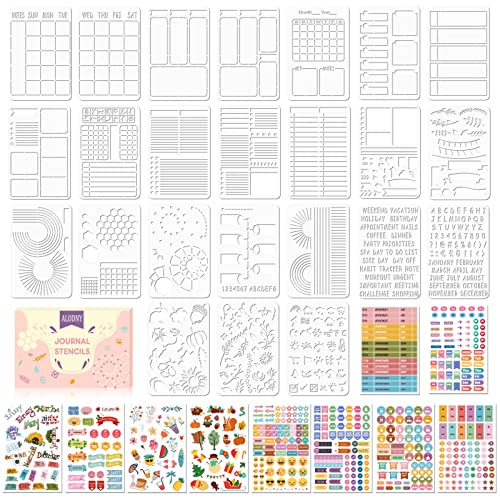 ALODNY 24 PCS Bullet Journal Stencils for Dotted Planner Journal Supplies | Bullet Journal Stencils,Dotted Planner Stencil,Journal Stickers,Journaling Supplies Kit,Scrapbooks,Back to School Supplies