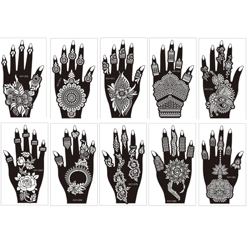 10 Sheets Temporary Tattoos Stencils, Reusable Hand Henna Tattoo Template - color: Deep Black