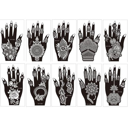 10 Sheets Temporary Tattoos Stencils, Reusable Hand Henna Tattoo Template - color: Deep Black