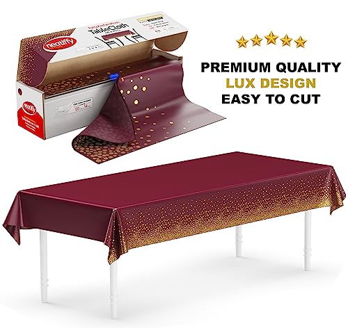 Neatiffy Disposable Plastic Table Cloth Roll with Slide Cutter | Waterproof Cover for Rectangle, Square, Oval Tables | Picnic, Party, Banquet, Birthdays, Weddings - Burgundy Gold Dots - color: Burgundy Gold Dots, size: 54 inches X 100 feet